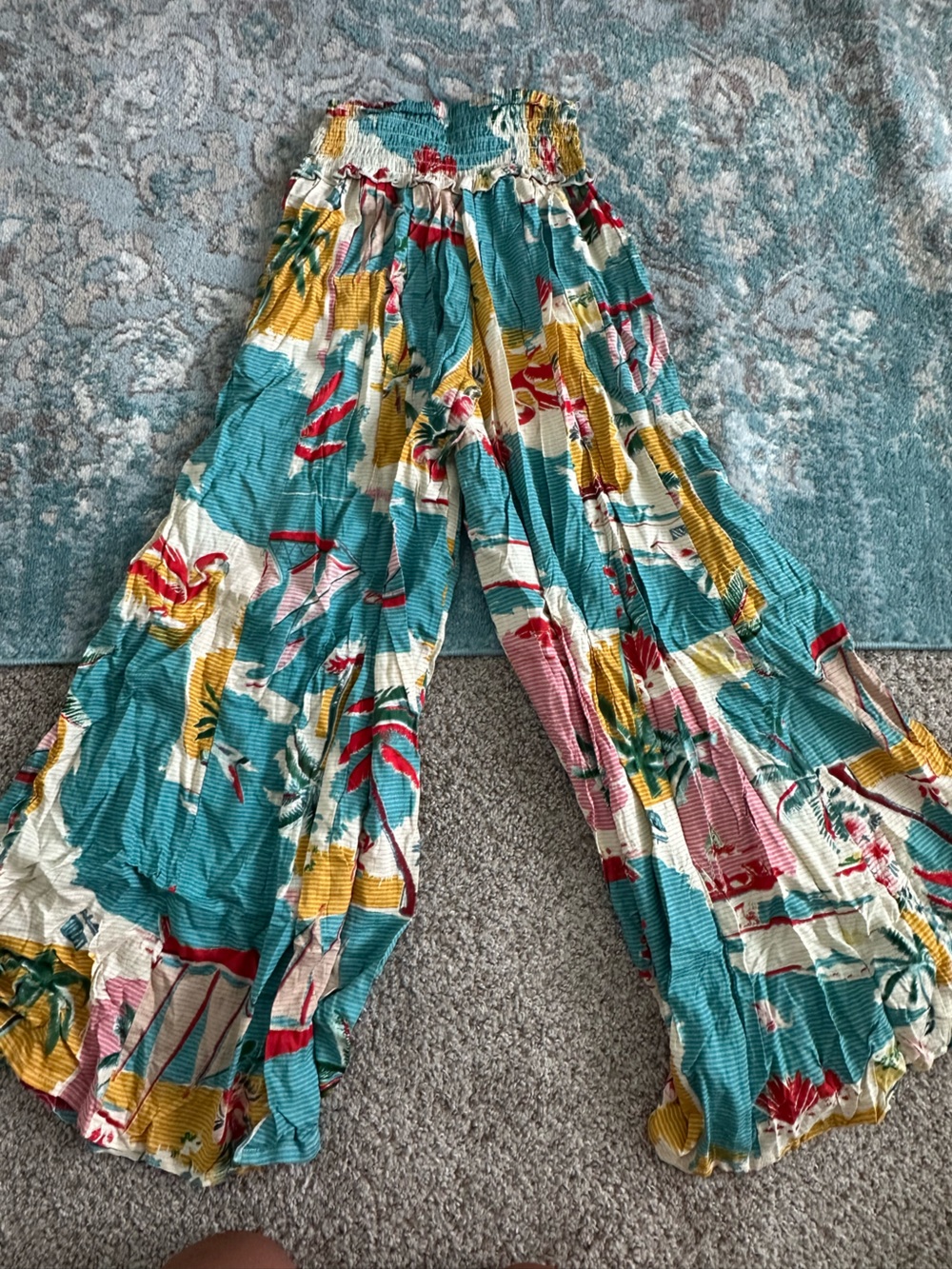Teal Floral Wide-Leg Women's Pants